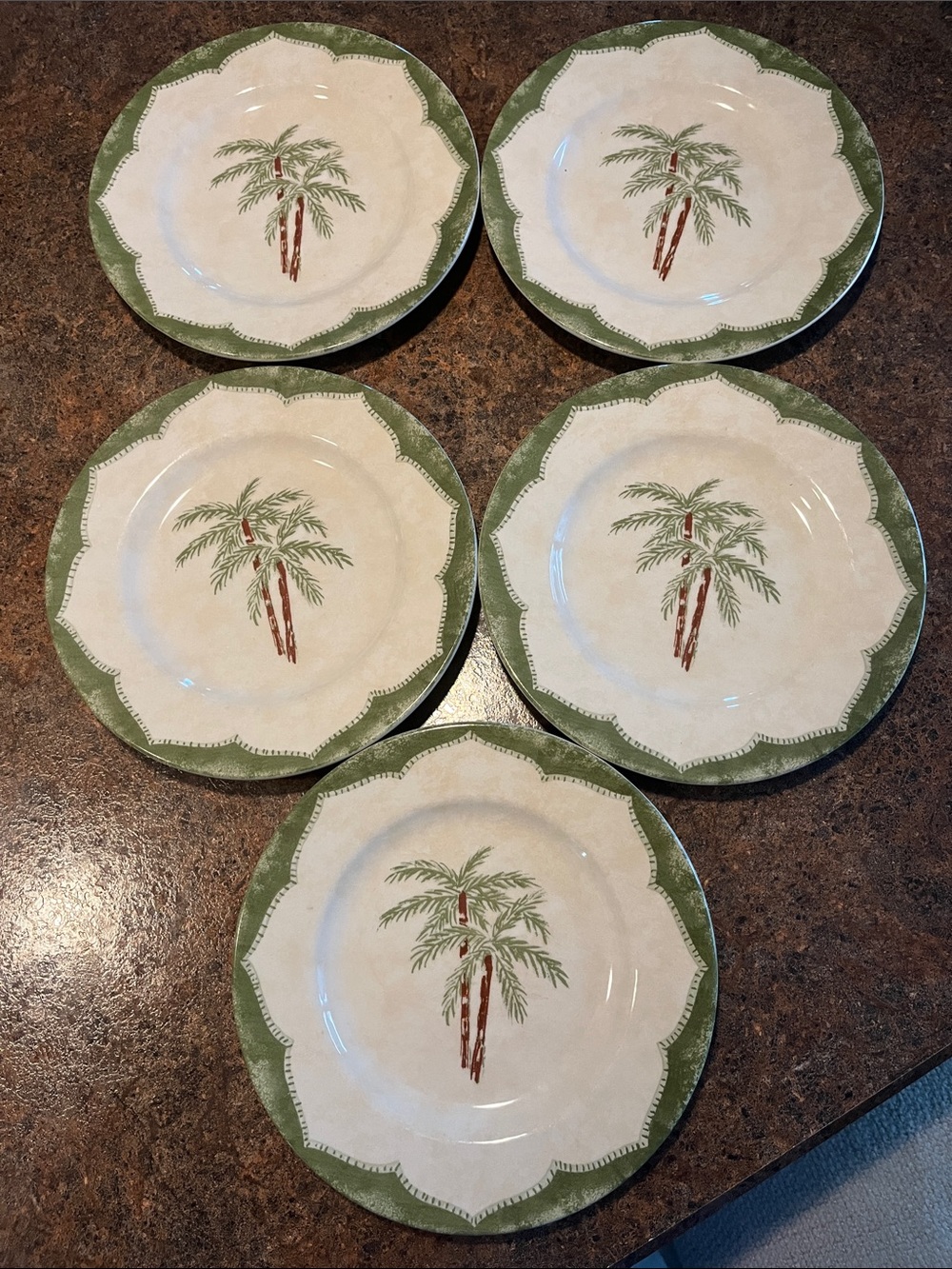 5 Pier 1 Ironstone Sabel palm tree salad plates green scallop trim 8” Brazil